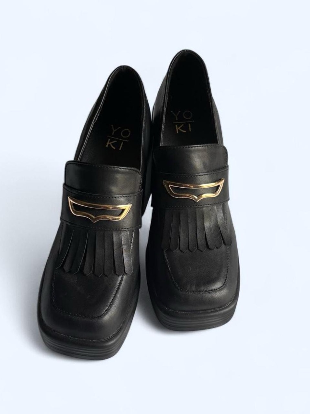 Yoki Black Fringe Loafers with Gold Tone Trim